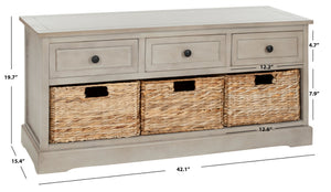 Safavieh Damien 3 Drawer Storage Bench – Stylish Farmhouse Entryway Seat With Wicker Baskets For Organized Living Vintage Grey AMH5701A