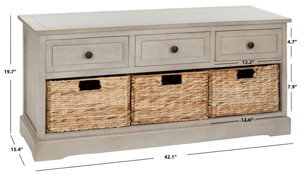 Safavieh Damien 3 Drawer Storage Bench – Stylish Farmhouse Entryway Seat With Wicker Baskets For Organized Living Vintage Grey AMH5701A