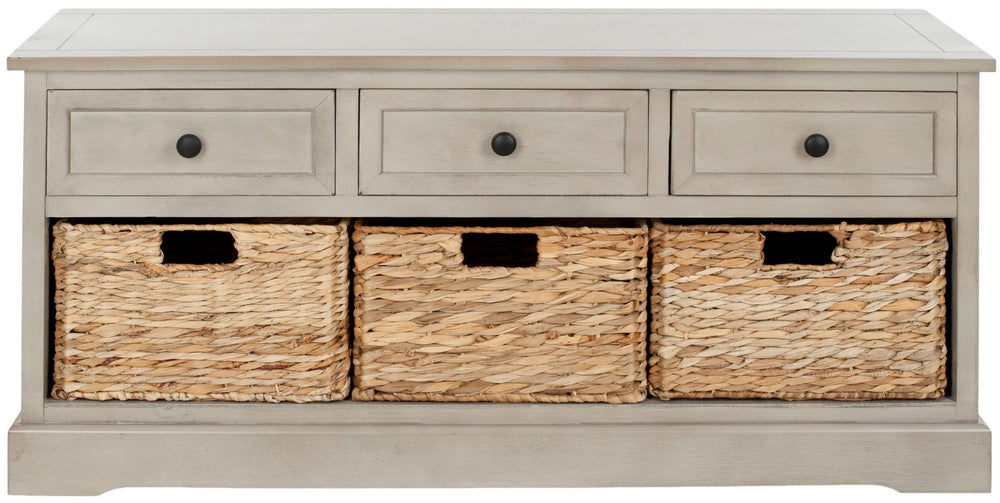 Safavieh Damien 3 Drawer Storage Bench – Stylish Farmhouse Entryway Seat With Wicker Baskets For Organized Living Vintage Grey AMH5701A