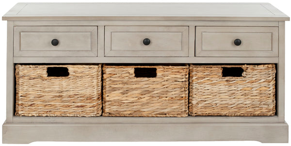 Safavieh Damien 3 Drawer Storage Bench – Stylish Farmhouse Entryway Seat With Wicker Baskets For Organized Living Vintage Grey AMH5701A