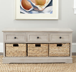 Safavieh Damien 3 Drawer Storage Bench – Stylish Farmhouse Entryway Seat With Wicker Baskets For Organized Living Vintage Grey AMH5701A