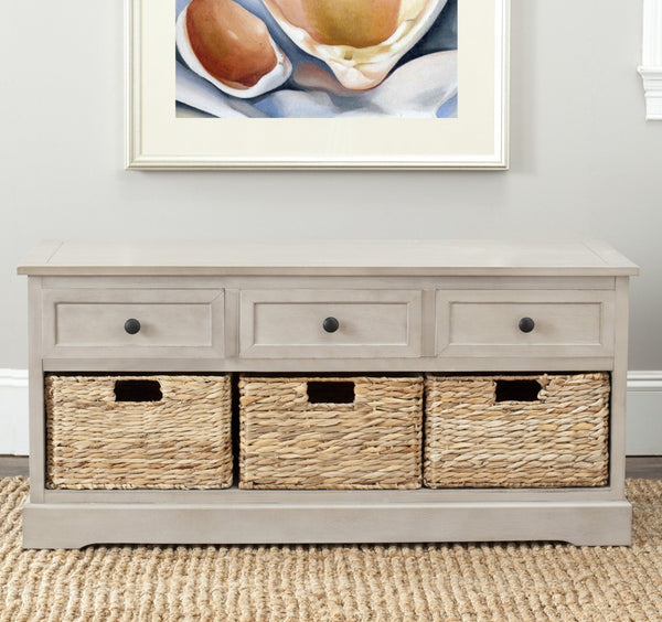 Safavieh Damien 3 Drawer Storage Bench – Stylish Farmhouse Entryway Seat With Wicker Baskets For Organized Living Vintage Grey AMH5701A