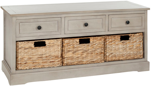 Safavieh Damien 3 Drawer Storage Bench – Stylish Farmhouse Entryway Seat With Wicker Baskets For Organized Living Vintage Grey AMH5701A