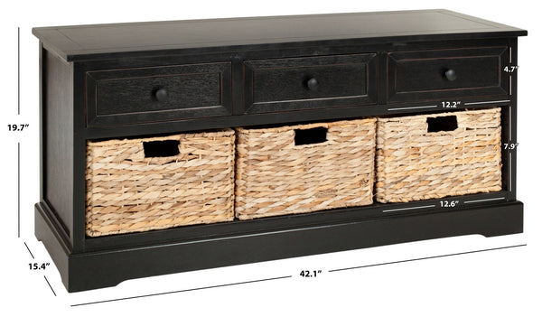 Safavieh Damien 3 Drawer Storage Bench – Stylish Farmhouse Entryway Seat With Wicker Baskets For Organized Living Distressed  Black AMH5701B