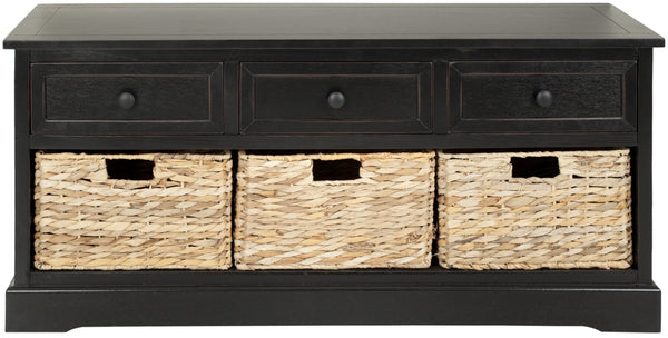 Safavieh Damien 3 Drawer Storage Bench – Stylish Farmhouse Entryway Seat With Wicker Baskets For Organized Living Distressed  Black AMH5701B