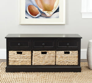 Safavieh Damien 3 Drawer Storage Bench – Stylish Farmhouse Entryway Seat With Wicker Baskets For Organized Living Distressed  Black AMH5701B