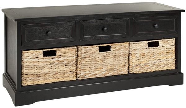 Safavieh Damien 3 Drawer Storage Bench – Stylish Farmhouse Entryway Seat With Wicker Baskets For Organized Living Distressed  Black AMH5701B