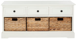 Safavieh Damien 3 Drawer Storage Bench – Stylish Farmhouse Entryway Seat With Wicker Baskets For Organized Living Distressed  Cream AMH5701C