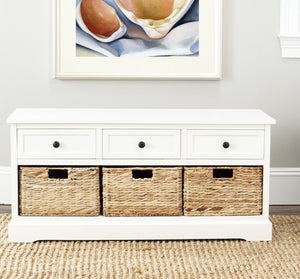 Safavieh Damien 3 Drawer Storage Bench – Stylish Farmhouse Entryway Seat With Wicker Baskets For Organized Living Distressed  Cream AMH5701C