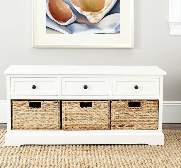 Safavieh Damien 3 Drawer Storage Bench – Stylish Farmhouse Entryway Seat With Wicker Baskets For Organized Living Distressed  Cream AMH5701C