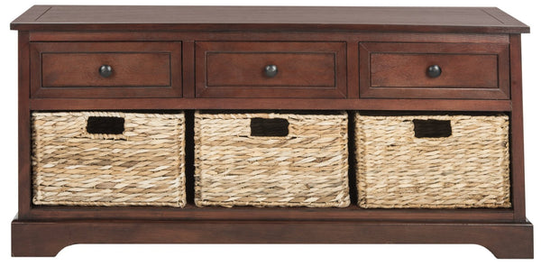 Safavieh Damien 3 Drawer Storage Bench – Stylish Farmhouse Entryway Seat With Wicker Baskets For Organized Living Dark Cherry AMH5701D