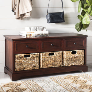 Safavieh Damien 3 Drawer Storage Bench – Stylish Farmhouse Entryway Seat With Wicker Baskets For Organized Living Dark Cherry AMH5701D
