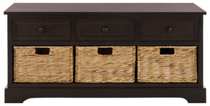 Safavieh Damien Pine Wood Storage Bench with Wicker Baskets and Drawers for Bedroom Entry Dark Chocolate AMH5701F