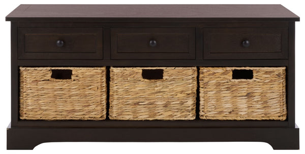 Safavieh Damien Pine Wood Storage Bench with Wicker Baskets and Drawers for Bedroom Entry Dark Chocolate AMH5701F