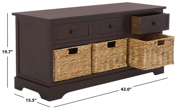 Safavieh Damien Pine Wood Storage Bench with Wicker Baskets and Drawers for Bedroom Entry Dark Chocolate AMH5701F