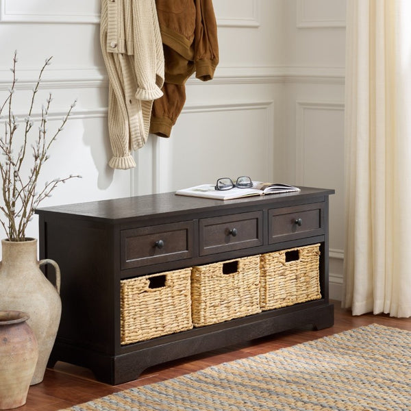 Safavieh Damien Pine Wood Storage Bench with Wicker Baskets and Drawers for Bedroom Entry Dark Chocolate AMH5701F