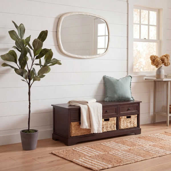 Safavieh Damien Pine Wood Storage Bench with Wicker Baskets and Drawers for Bedroom Entry Dark Chocolate AMH5701F