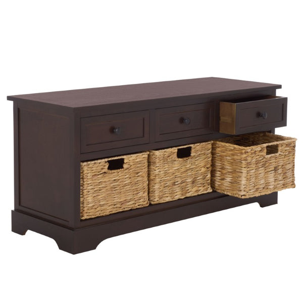 Safavieh Damien Pine Wood Storage Bench with Wicker Baskets and Drawers for Bedroom Entry Dark Chocolate AMH5701F