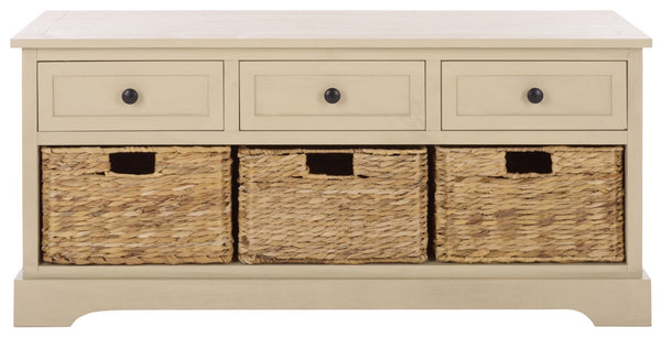 Safavieh Damien Pine Wood Storage Bench with Wicker Baskets and Drawers for Bedroom Entry Sand AMH5701G