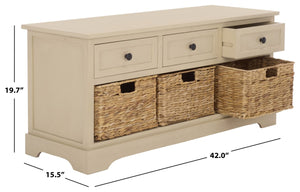 Safavieh Damien Pine Wood Storage Bench with Wicker Baskets and Drawers for Bedroom Entry Sand AMH5701G