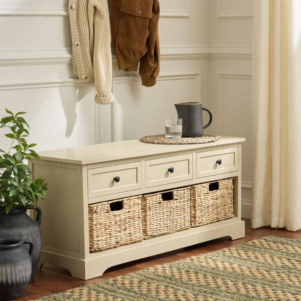 Safavieh Damien Pine Wood Storage Bench with Wicker Baskets and Drawers for Bedroom Entry Sand AMH5701G