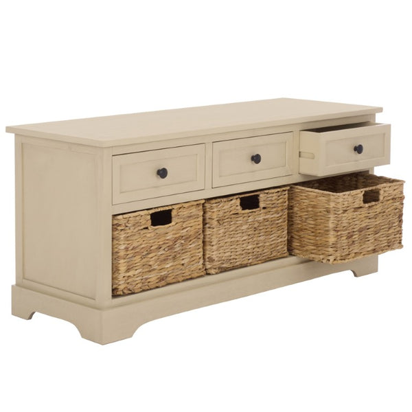 Safavieh Damien Pine Wood Storage Bench with Wicker Baskets and Drawers for Bedroom Entry Sand AMH5701G