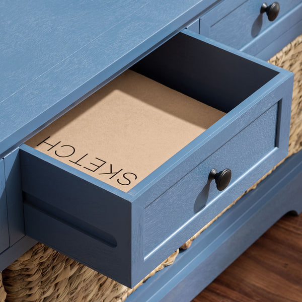 Damien Coastal 3-Drawer Storage Bench With Wicker Baskets — Slim Entryway Organizer For Small Spaces
