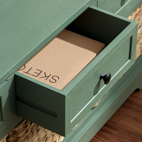 Damien Coastal 3-Drawer Storage Bench With Wicker Baskets — Slim Entryway Organizer For Small Spaces