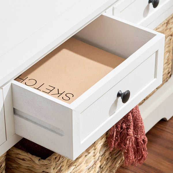 Damien Coastal 3-Drawer Storage Bench With Wicker Baskets — Slim Entryway Organizer For Small Spaces