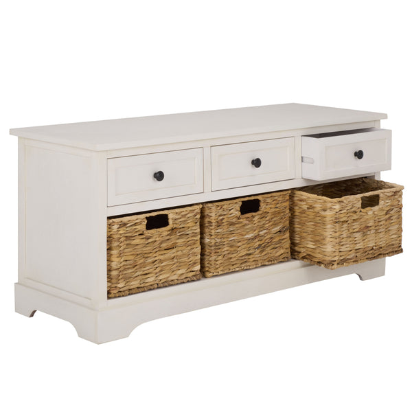 Damien Coastal 3-Drawer Storage Bench With Wicker Baskets — Slim Entryway Organizer For Small Spaces