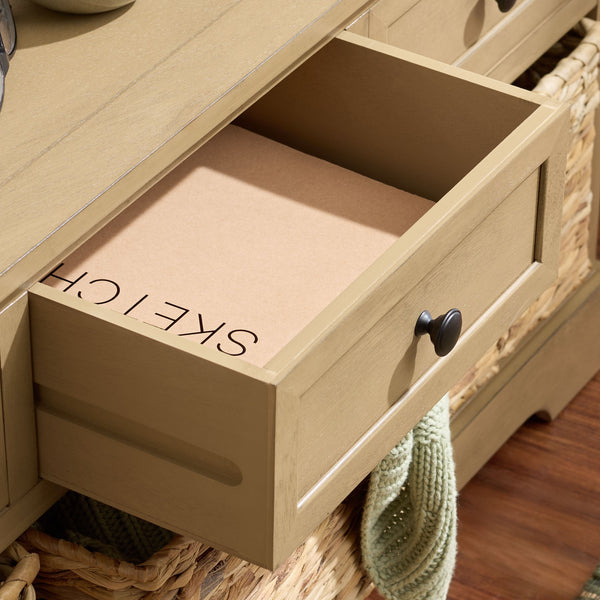 Damien Coastal 3-Drawer Storage Bench With Wicker Baskets — Slim Entryway Organizer For Small Spaces