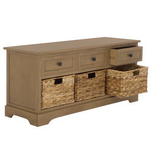 Damien Coastal 3-Drawer Storage Bench With Wicker Baskets — Slim Entryway Organizer For Small Spaces