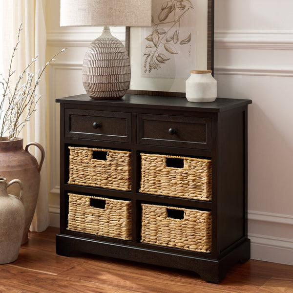 Herman Rustic Pine Storage Unit With 4 Removable Woven Baskets, Compact Organizer For Home