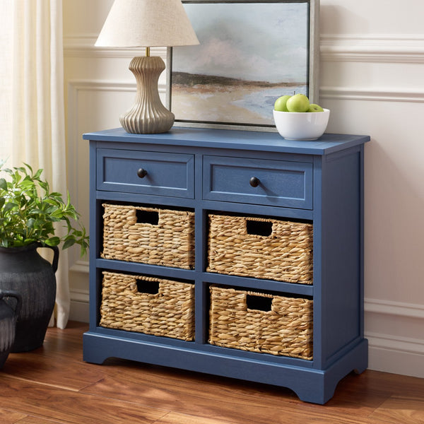 Herman Rustic Pine Storage Unit With 4 Removable Woven Baskets, Compact Organizer For Home
