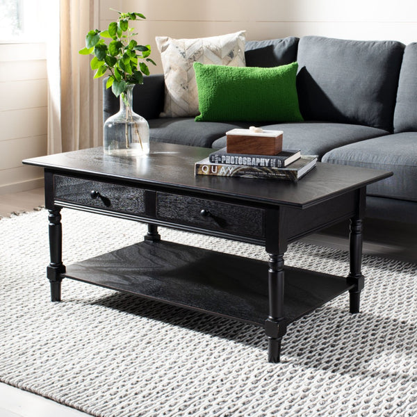 Safavieh Boris Stylish Two-Drawer Coffee Table – Timeless Farmhouse Charm For Rustic Modern Living Rooms Distressed  Black AMH5706B