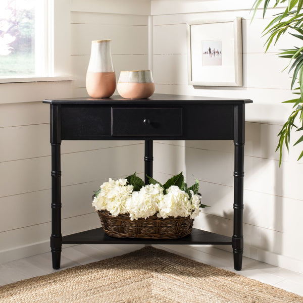Safavieh Gomez Corner Table With Storage Drawer - Sleek, Space-Saving Design For Modern Living Spaces Distressed  Black AMH5709B