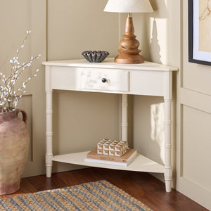 Gomez Compact Corner Table With Drawer And Shelf, Triangular Space-Saving Design For Small Rooms