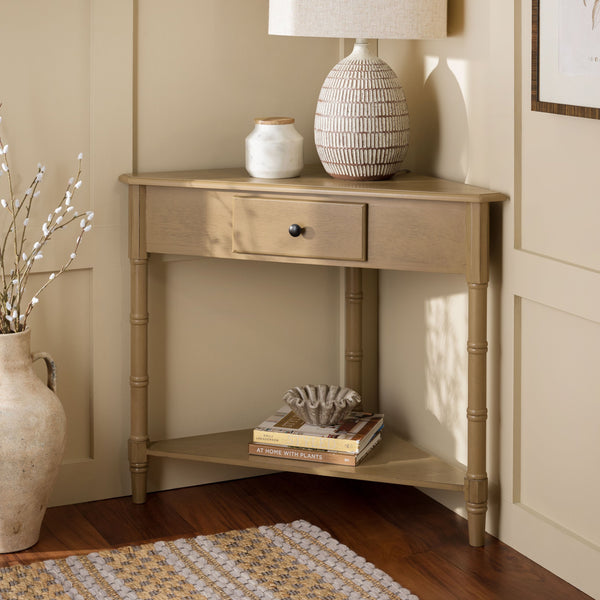 Gomez Compact Corner Table With Drawer And Shelf, Triangular Space-Saving Design For Small Rooms
