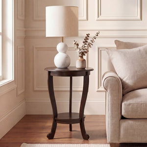 Safavieh Mary Solid Pine Pedestal Side Table with Curved Legs and Tiered Display Shelf Dark Chocolate AMH5711F