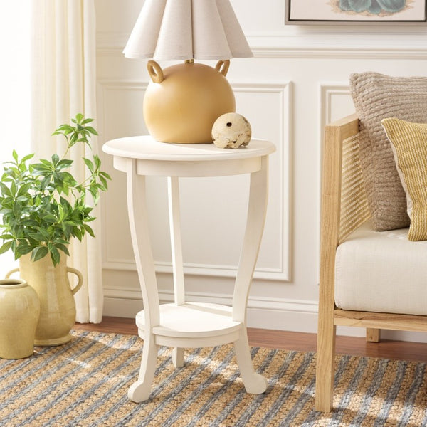 Safavieh Mary Solid Pine Pedestal Side Table with Curved Legs and Tiered Display Shelf Ivory AMH5711J