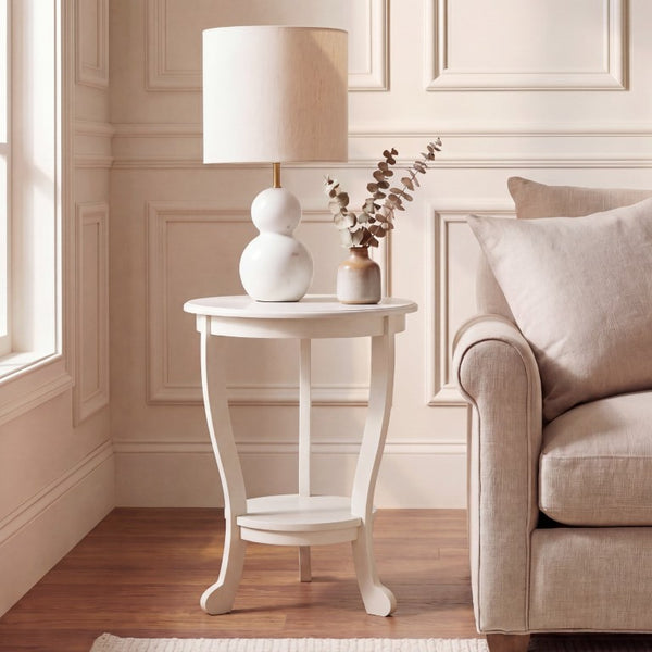 Safavieh Mary Solid Pine Pedestal Side Table with Curved Legs and Tiered Display Shelf Ivory AMH5711J