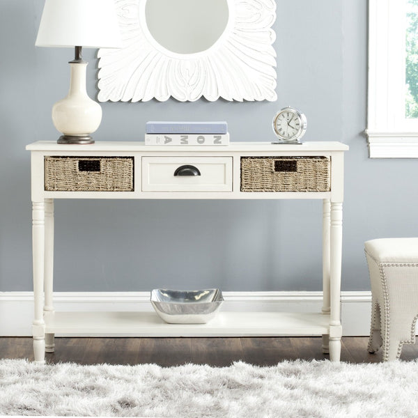 Safavieh Winifred Wicker Console Table - Rustic Storage Solution With Rattan Baskets & Stylish Design White AMH5730B
