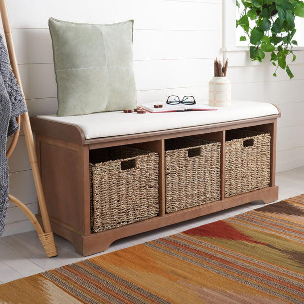 Safavieh Lonan Wicker Storage Bench - Stylish Entryway Seating With Hidden Baskets For Clutter-Free Living Sepia AMH5733B