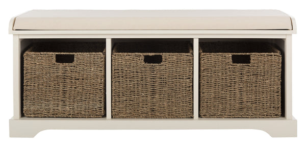 Safavieh Lonan Wicker Storage Bench - Stylish Entryway Seating With Hidden Baskets For Clutter-Free Living White AMH5733C