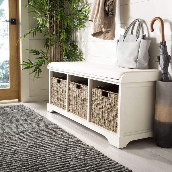 Safavieh Lonan Wicker Storage Bench - Stylish Entryway Seating With Hidden Baskets For Clutter-Free Living White AMH5733C