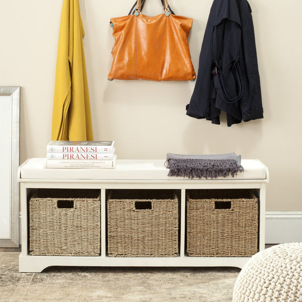 Safavieh Lonan Wicker Storage Bench - Stylish Entryway Seating With Hidden Baskets For Clutter-Free Living White AMH5733C