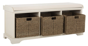 Safavieh Lonan Wicker Storage Bench - Stylish Entryway Seating With Hidden Baskets For Clutter-Free Living White AMH5733C