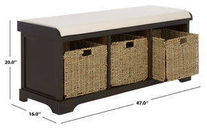 Safavieh LONAN Storage Bench – Farmhouse-Inspired Entryway Seat with Removable Baskets and Cushion Comfort Dark Chocolate AMH5733F