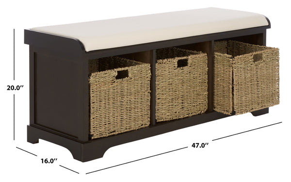 Safavieh LONAN Storage Bench – Farmhouse-Inspired Entryway Seat with Removable Baskets and Cushion Comfort Dark Chocolate AMH5733F