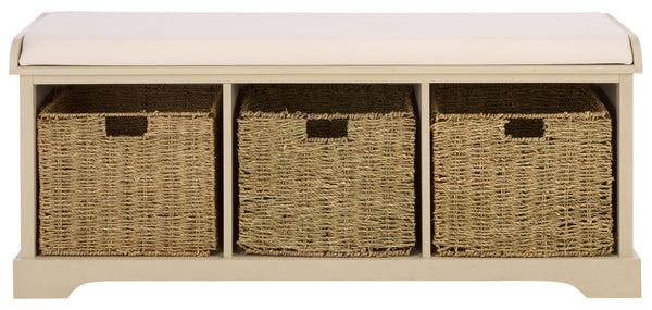 Safavieh LONAN Storage Bench – Farmhouse-Inspired Entryway Seat with Removable Baskets and Cushion Comfort Sand AMH5733G